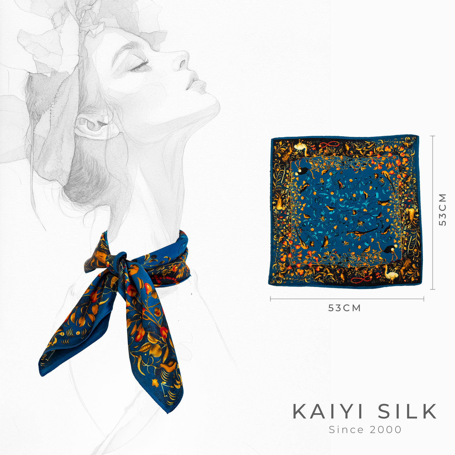 KAIYI 53x53CM 100% Pure Silk Scarf in Luxurious Print for Women Fashion and Gift