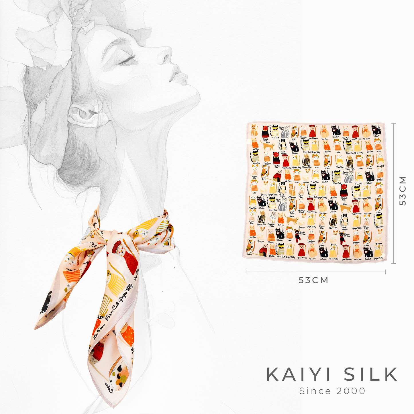 KAIYI 53x53CM 100% Pure Silk Scarf in Cat Print for Women Fashion and Gift