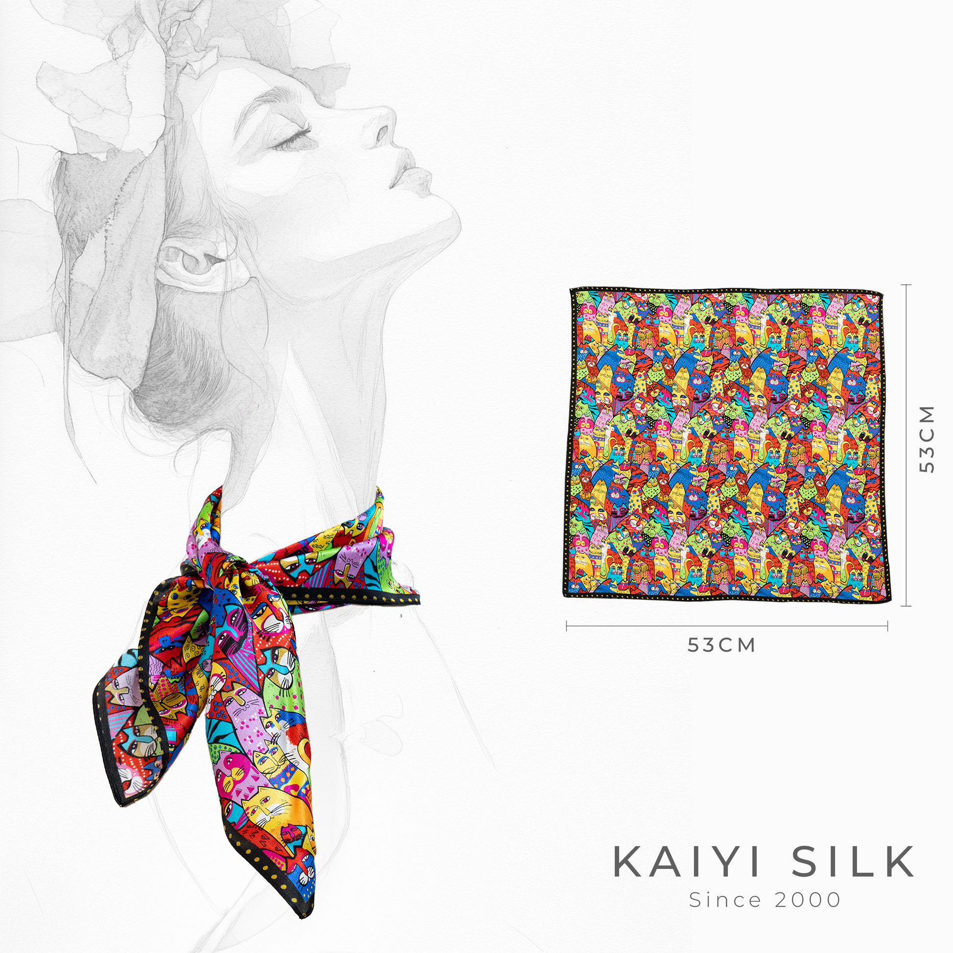 KAIYI 53x53CM 100% Pure Silk Scarf for Women Fashion and Gift (Cute09)