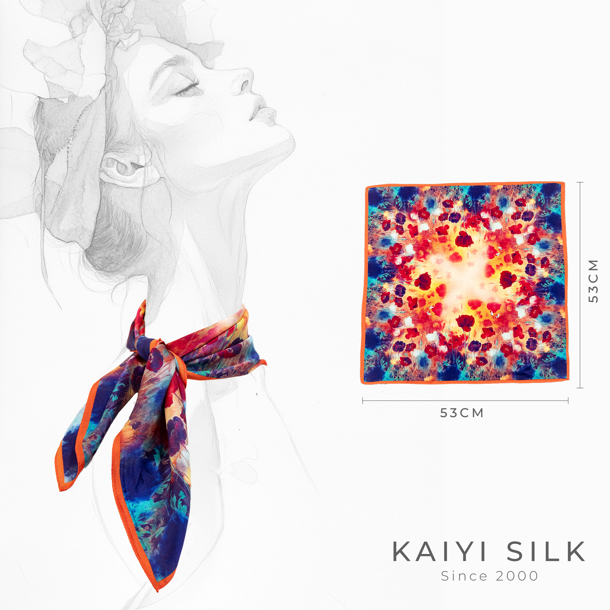 KAIYI 53x53CM 100% Pure Silk Scarf for Women Fashion and Gift (Luxurious13)