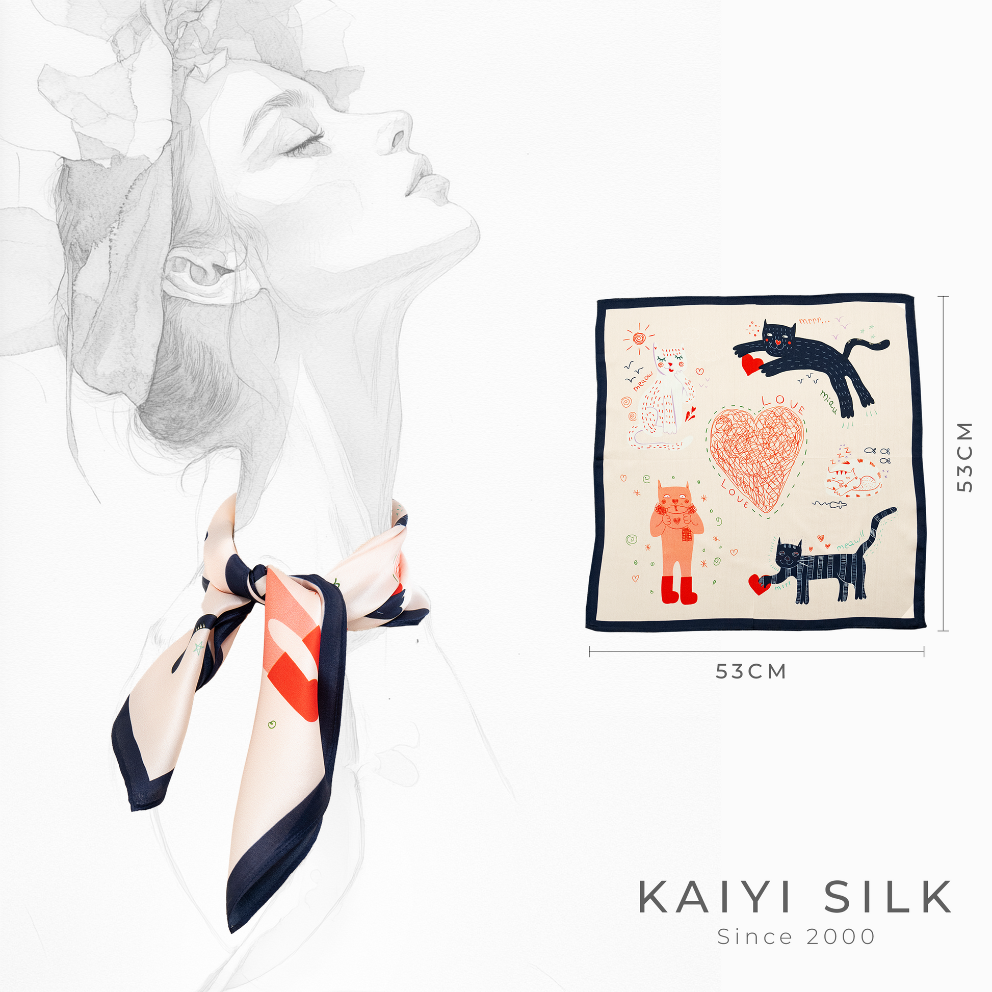 KAIYI 53x53CM 100% Pure Silk Scarf for Women Fashion and Gift (Cute03)
