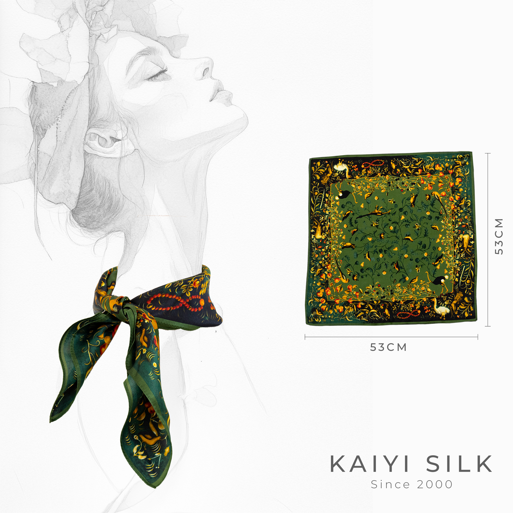 KAIYI 53x53CM 100% Pure Silk Scarf for Women Fashion and Gift (Luxurious11)