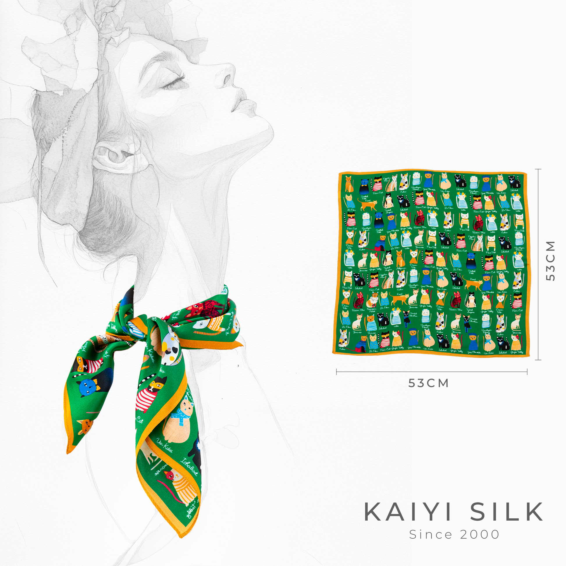 KAIYI 53x53CM 100% Pure Silk Scarf for Women Fashion and Gift (Cute05)