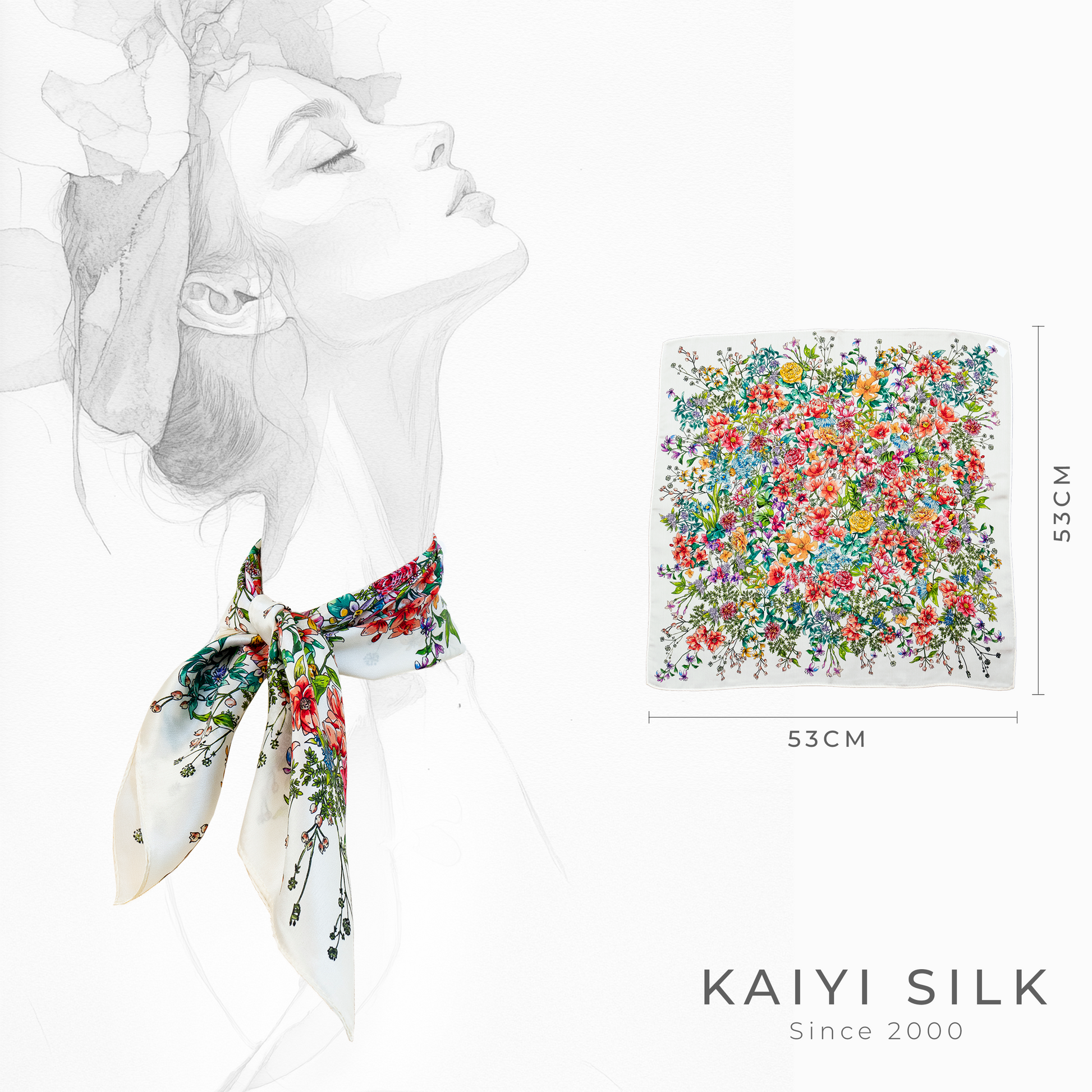 KAIYI 53x53CM 100% Pure Silk Scarf for Women Fashion and Gift (Luxurious09)