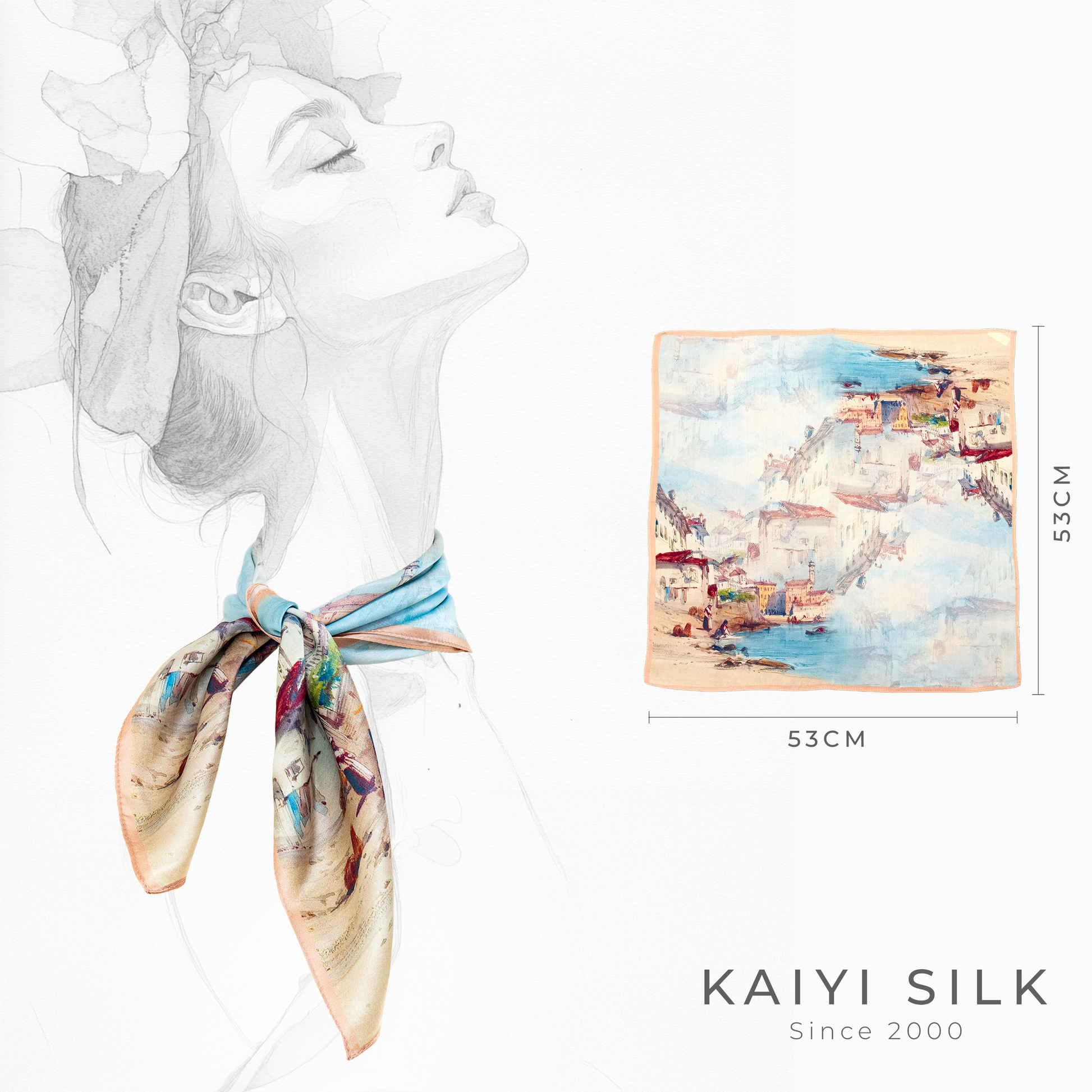 KAIYI 53x53CM 100% Pure Silk Scarf for Women Fashion and Gift (Artsy10)