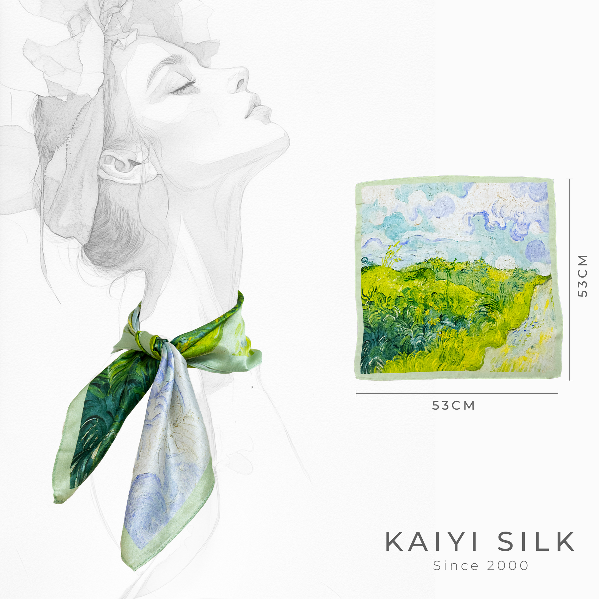 KAIYI 53x53CM 100% Pure Silk Scarf for Women Fashion and Gift (Artsy09)