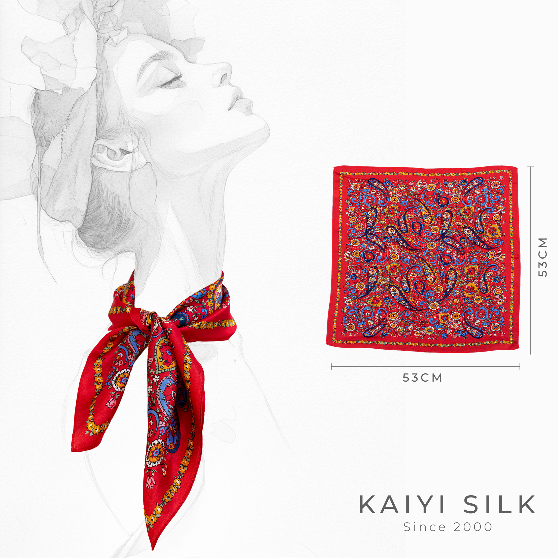 KAIYI 53x53CM 100% Pure Silk Scarf for Women Fashion and Gift (Luxurious05)