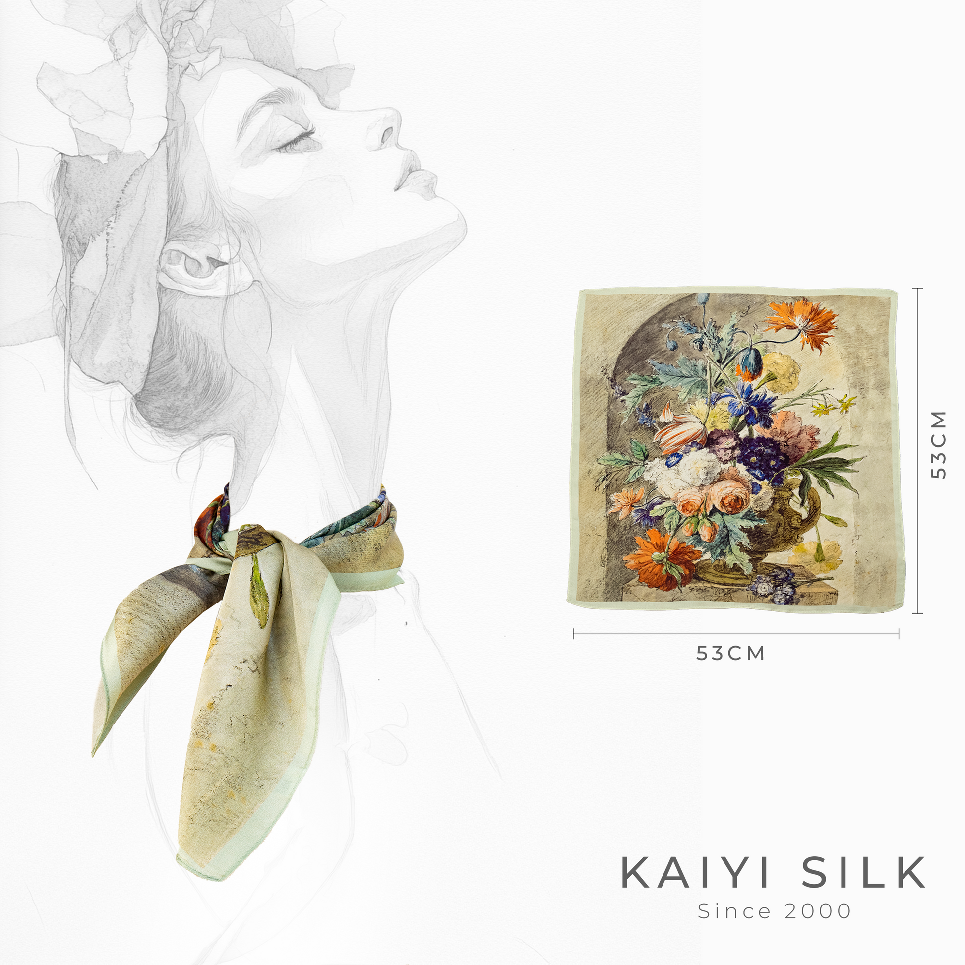 KAIYI 53x53CM 100% Pure Silk Scarf for Women Fashion and Gift (Artsy08)