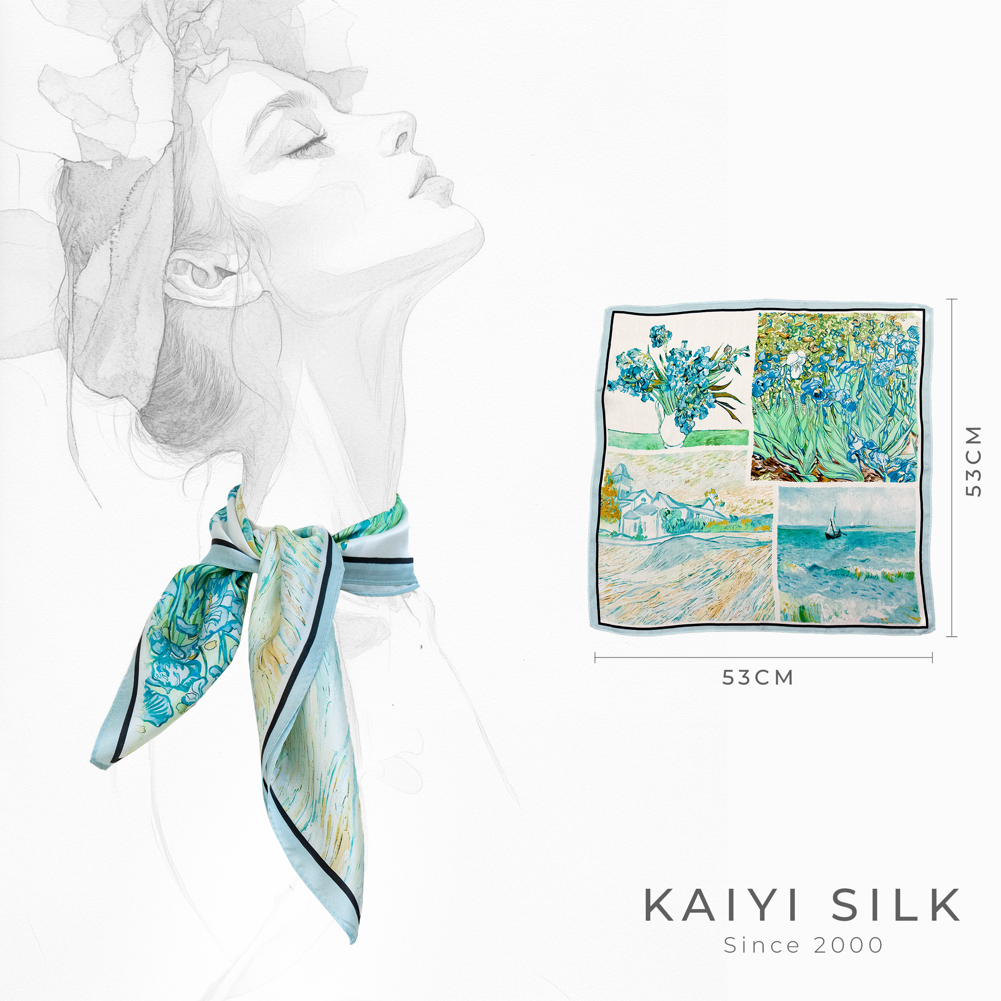 KAIYI 53x53CM 100% Pure Silk Scarf for Women Fashion and Gift (Artsy01)