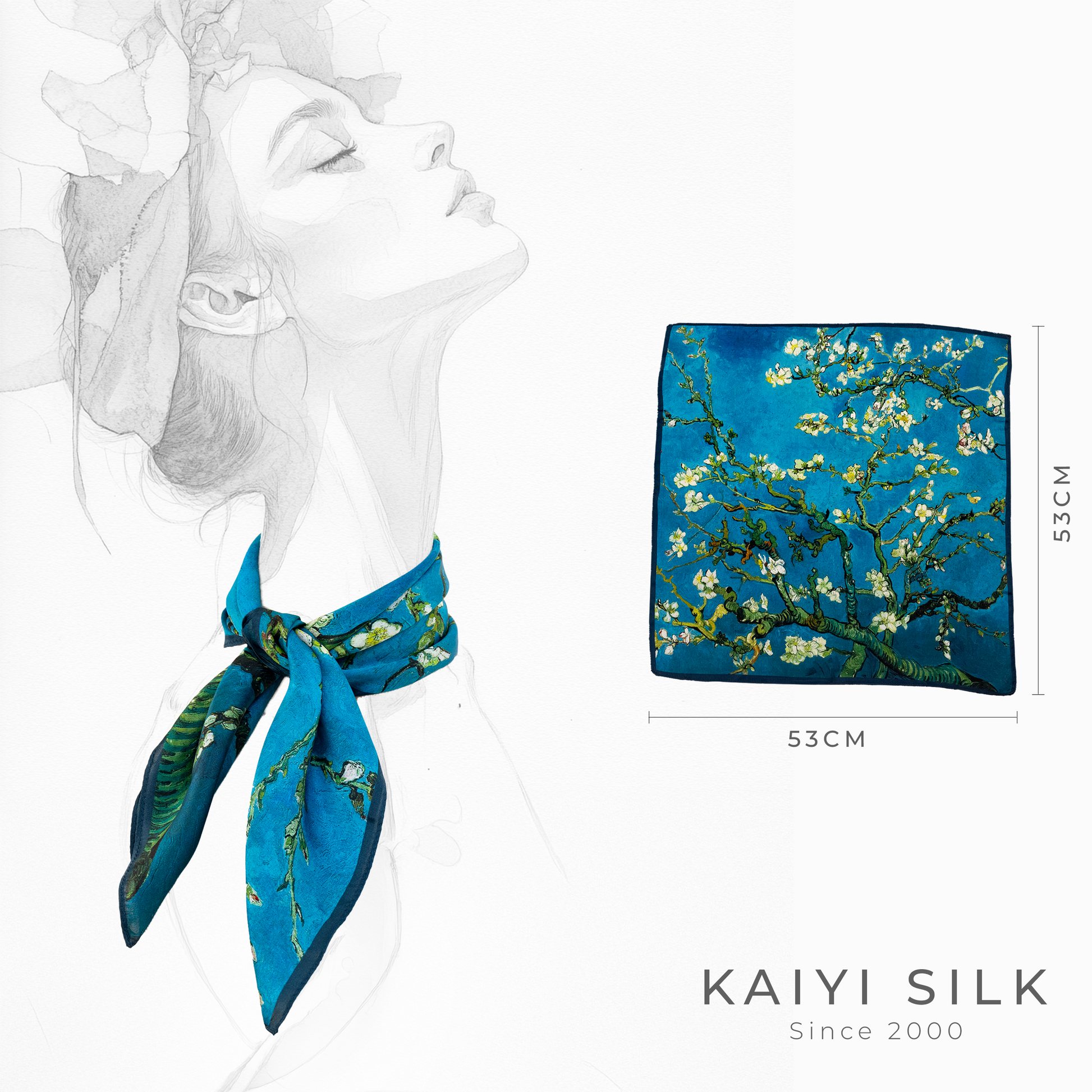 KAIYI 53x53CM 100% Pure Silk Scarf for Women Fashion and Gift (Artsy07)