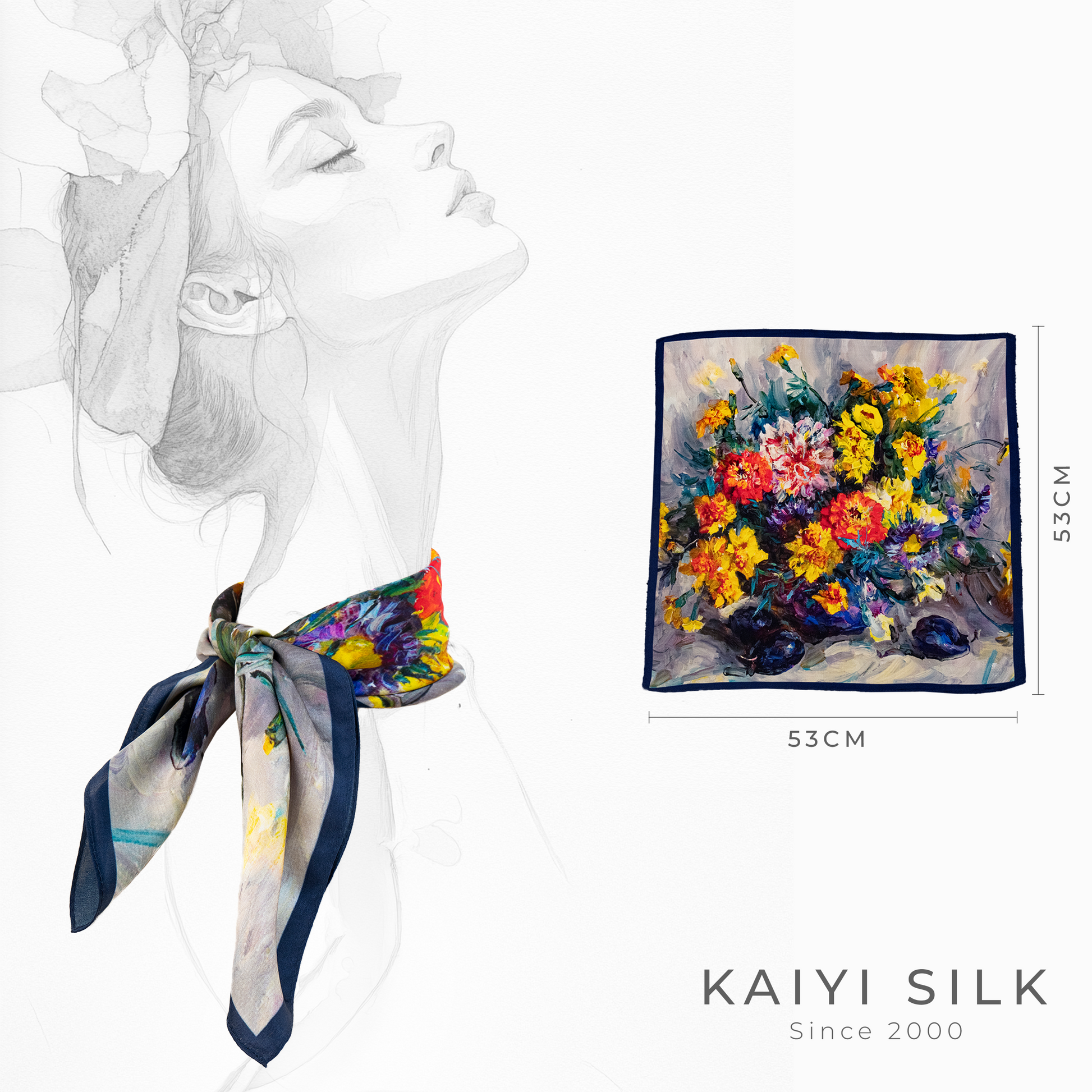 KAIYI 53x53CM 100% Pure Silk Scarf for Women Fashion and Gift (Artsy02)