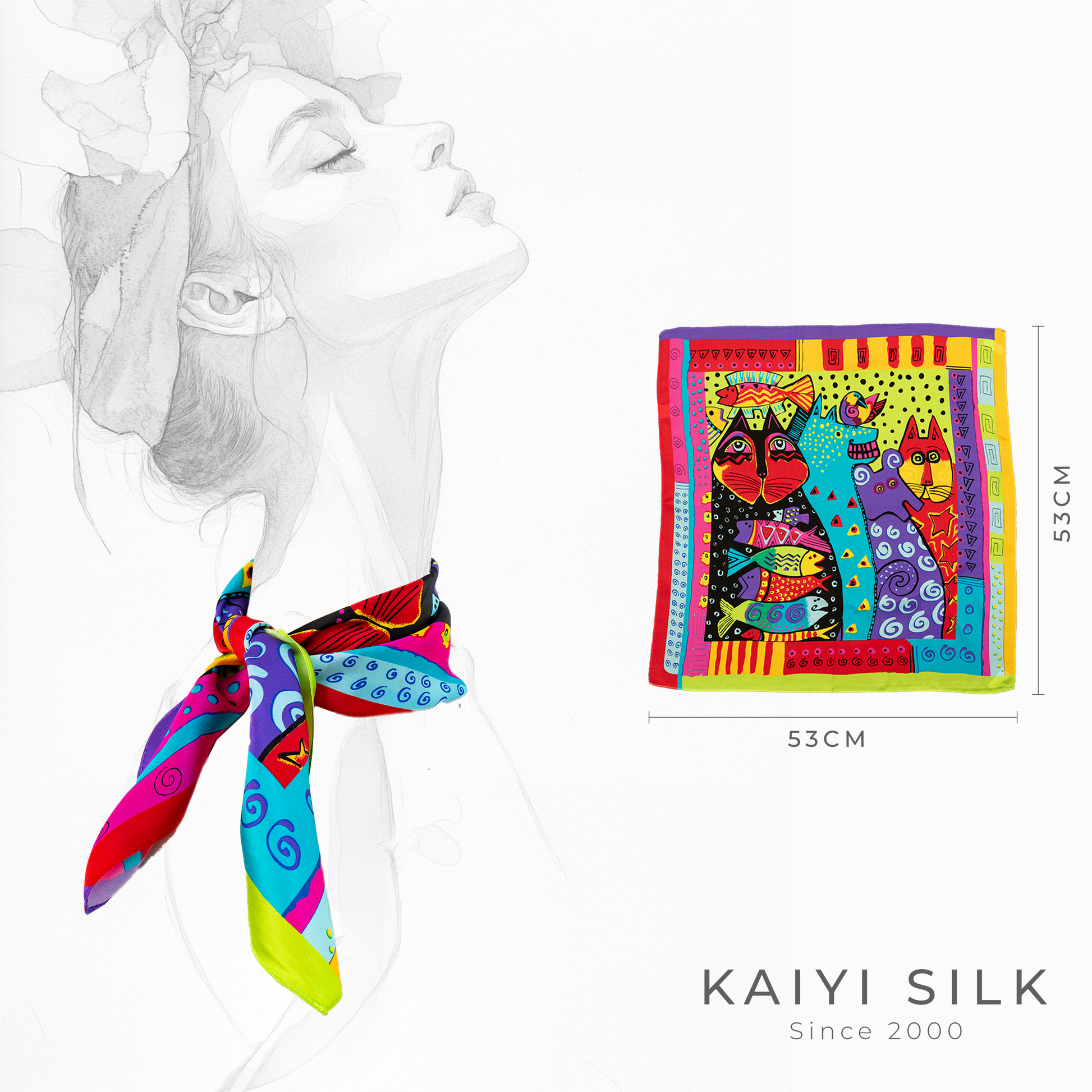 KAIYI 53x53CM 100% Pure Silk Scarf for Women Fashion and Gift (Artsy05)