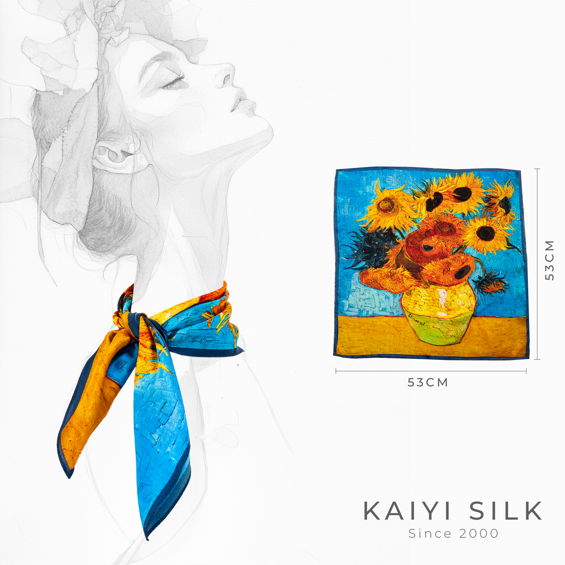 KAIYI 53x53CM 100% Pure Silk Scarf for Women Fashion and Gift (Artsy03)