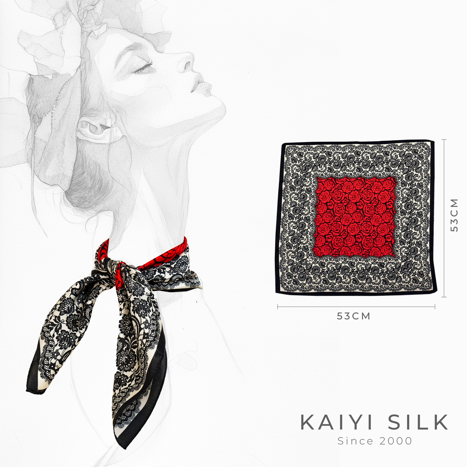 KAIYI 53x53CM 100% Pure Silk Scarf for Women Fashion and Gift (Luxurious02)