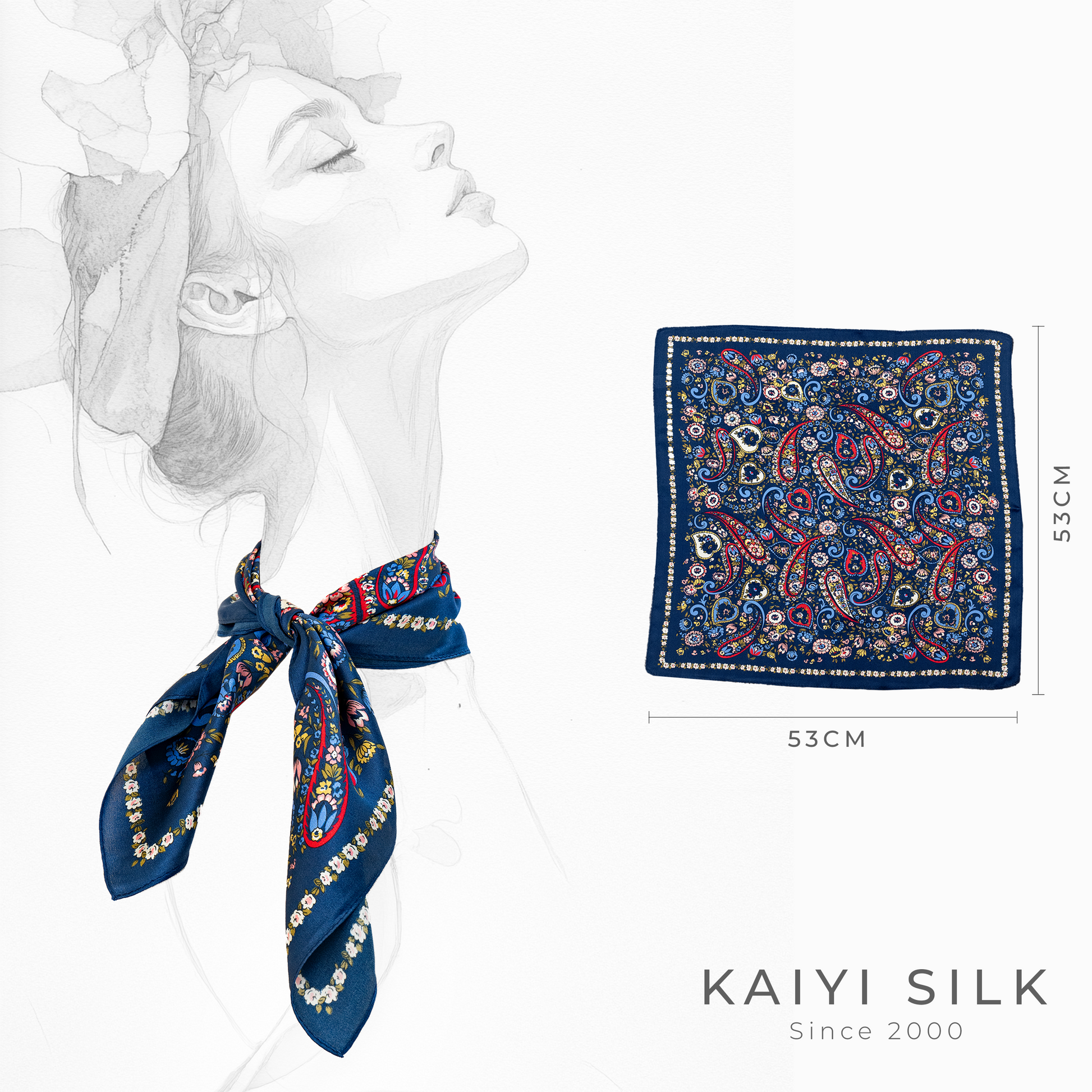 KAIYI 53x53CM 100% Pure Silk Scarf for Women Fashion and Gift (Luxurious03)