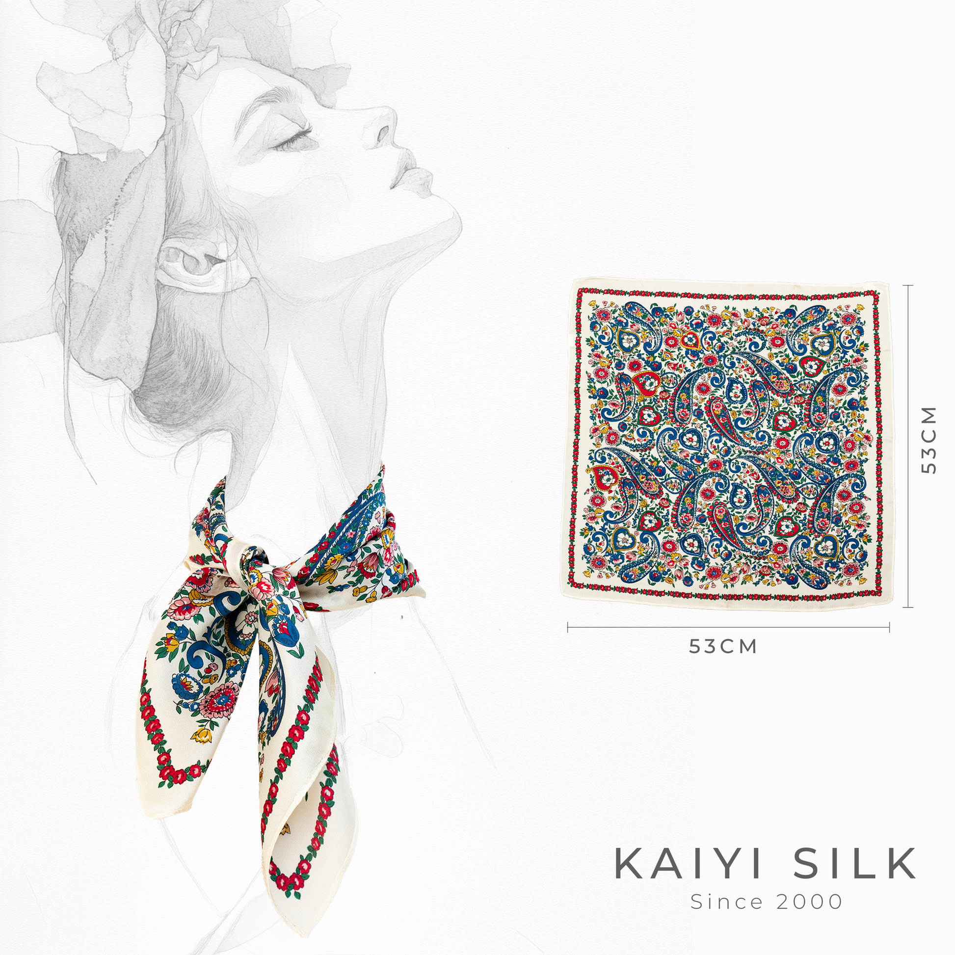 KAIYI 53x53CM 100% Pure Silk Scarf for Women Fashion and Gift (Luxurious04)