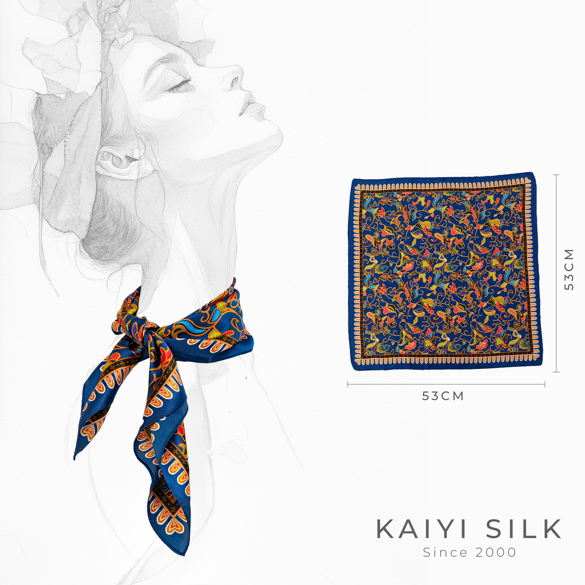 KAIYI 53x53CM 100% Pure Silk Scarf for Women Fashion and Gift (Luxurious07)
