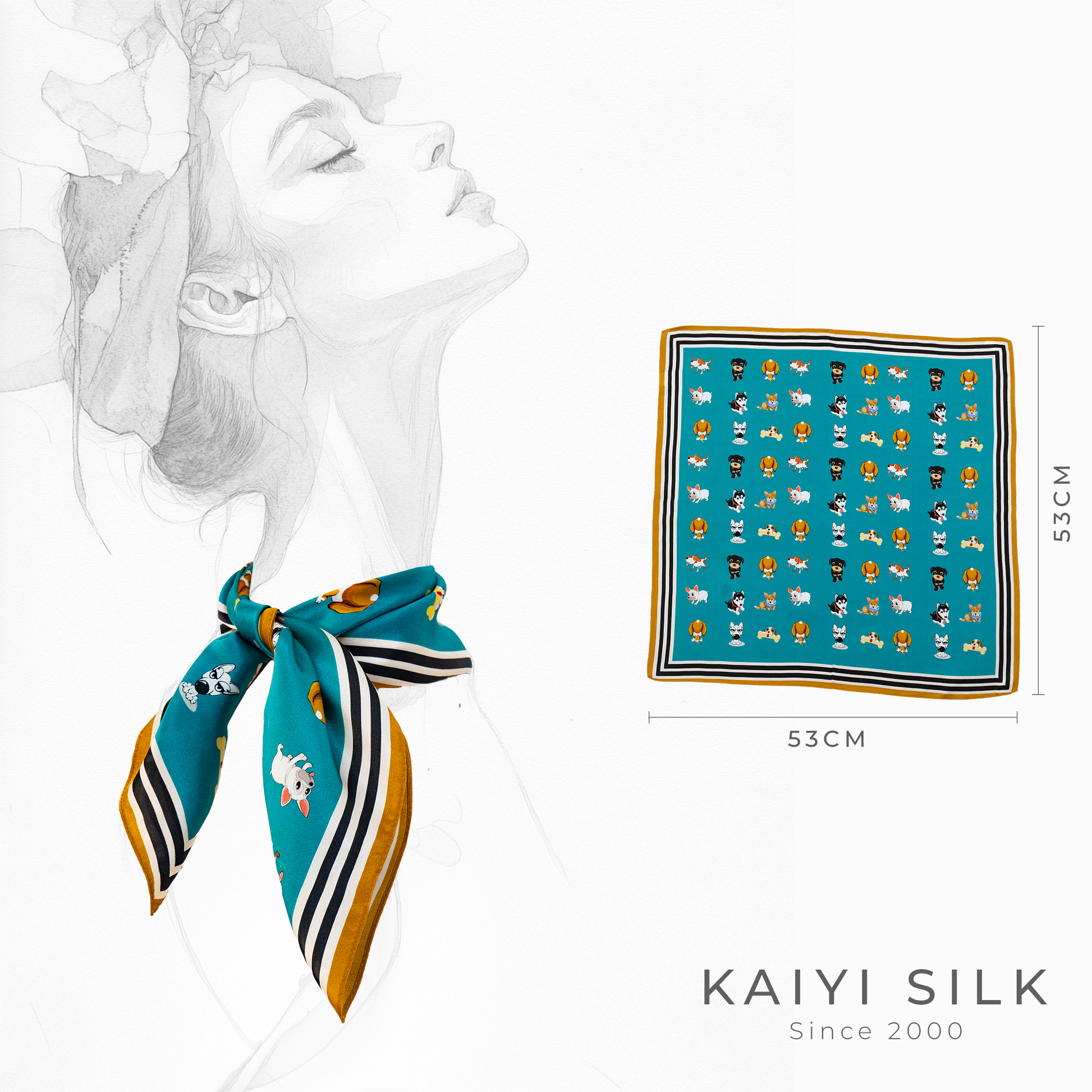 KAIYI 53x53CM 100% Pure Silk Scarf for Women Fashion and Gift (Cute08)